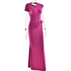Detail of pink one-shoulder gown with waist ruching and floral applique decoration