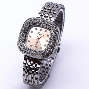 Women's square quartz watch with silver metal strap and diamond-encrusted rose gold dial