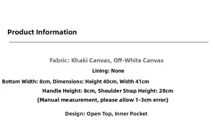 Detailed size specifications for canvas tote bag with 40cm height and double strap design