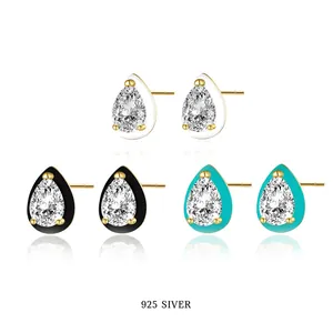 French Vintage 925 Sterling Silver Waterdrop Stud Earrings For Women Elegant Enamel Rhinestone Pear Shaped Jewelry Gift