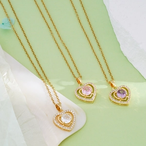 Titanium steel gold necklace with heart pendant featuring pink, white, and purple zircons