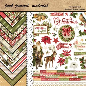 12 sheets of 6x6 inch vintage Christmas junk journal paper with retro holiday patterns