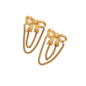 Elegant gold bow earrings with long tassel chains and minimalist butterfly studs