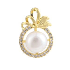 Detail of 18K gold-plated bow pendant with a large pearl and sparkling zircon accents