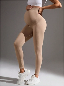 Pantaloni yoga premaman kaki chiaro con supporto a vita alta e tessuto traspirante senza cuciture