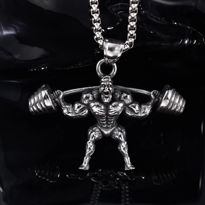 Barbell Weightlifting Muscle Man Pendant Necklace Stainless Steel Fitness Gym Punk Gothic Vintage Jewelry For Men