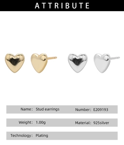 Technical specs showing 925 sterling silver heart stud earrings with 1g weight and plating
