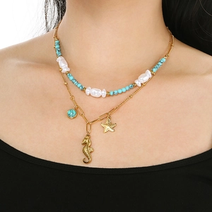 Bohemian double-layer stainless steel ocean necklace with seahorse and starfish pendants