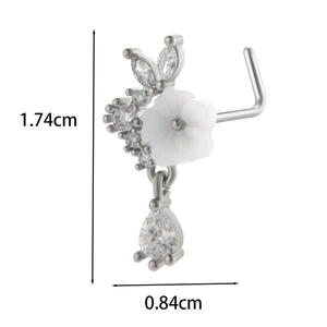 Detailed view of silver L-shaped nose stud with flower and teardrop gem measurement 1.74cm