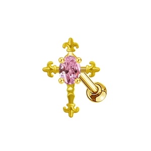 Clou d'oreille croix en acier doré avec zircon rose pour piercing au cartilage