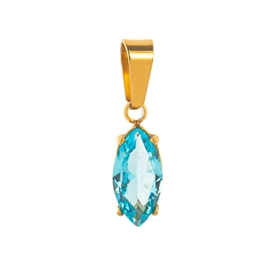 Detail of gold pendant featuring a marquise-cut blue zircon stone on white background