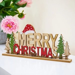 Wooden Merry Christmas tabletop sign decoration with festive trees and Santa hat