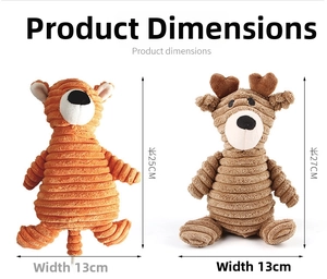 Detailed size comparison of corduroy dog chew toys in orange and brown animal shapes