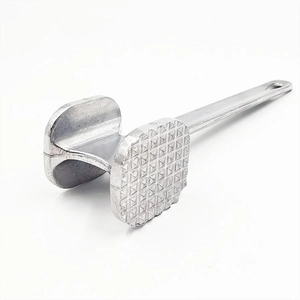Dual-sided meat tenderizer hammer with square textured head and ergonomic handle in silver