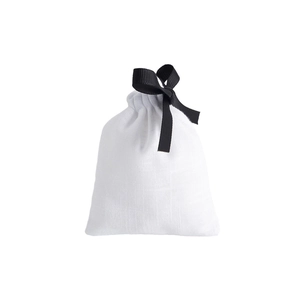 White fabric drawstring pouch featuring a decorative black ribbed ribbon bow closure