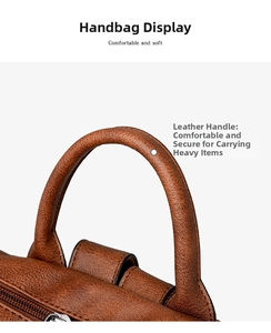 Detail of soft caramel pebble leather backpack with reinforced stitching on rounded handle