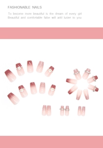 Detailed view of pink gradient press-on nails with 3D white flowers, pearls and rhinestones