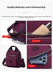 Détails du sac en nylon violet avec des poignées solides et des poches zippées pratiques