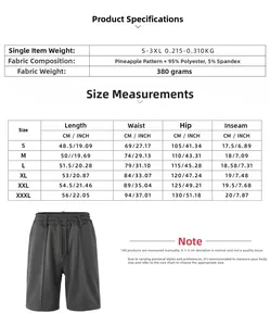 Detailed size chart and technical specifications for men's pineapple texture beach shorts