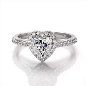 Luxurious 925 sterling silver heart-shaped moissanite engagement ring with halo diamonds