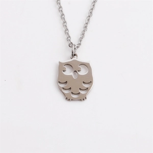 Polished stainless steel owl pendant necklace with intricate laser-cut hollow design