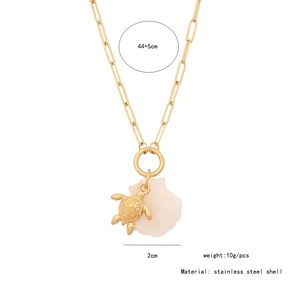 Detail of stainless steel turtle necklace with shell pendant and size measurement info