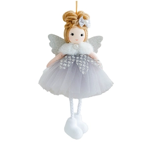 Christmas tree angel doll pendant with silver glitter wings and grey sequin mesh dress