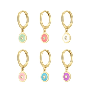 S925 sterling silver hoop earrings with six colors of round enamel charms and crystals
