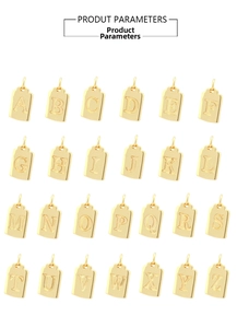 Detail view of gold-plated square initial pendants from A to Z for DIY jewelry making