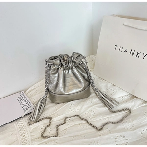 Close-up of silver metallic bucket bag featuring leather tassels and a sleek chain strap