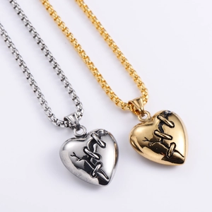 Retro titanium steel broken heart pendant necklaces in silver and gold finishes