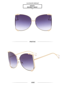 Detail of square gold frames with purple gradient lenses and pearl temple tips