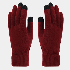 Winter cable knit touchscreen gloves in dark red with ribbed cuffs and conductive fingertips