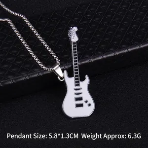 Collier pendentif guitare de rock émaillé blanc sur fond en cuir noir texturé