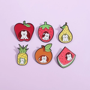 Cute cartoon cat fruit enamel pin set with apple strawberry pineapple and pear designs