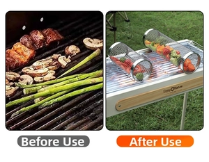 Detail comparing messy traditional grilling versus the neat stainless steel rolling BBQ basket