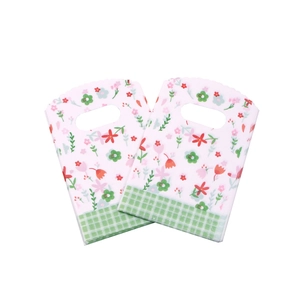 Floral print mini gift bags 9x15cm with green plaid pattern and carry handle