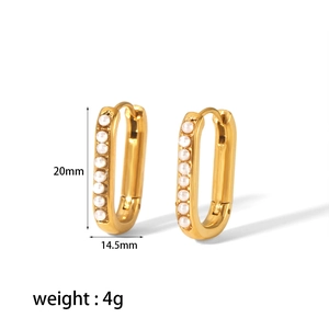 Gold oval hoop earrings with inlaid white pearls and dimensions 20mm by 14.5mm