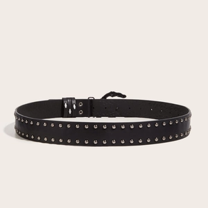 Punk style black leather belt for men featuring double row silver rivets and skull buckle