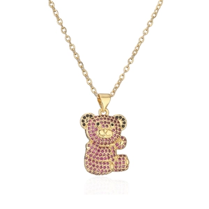 Gold plated bear pendant necklace with pink and purple zircons for women fashion