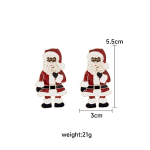 Detail view of acrylic Santa Claus earrings with glitter, including size measurements