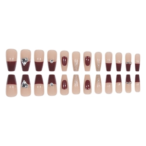 Burgundy coffin press-on nails with silver glitter, nude tones, and rhinestone heart accents