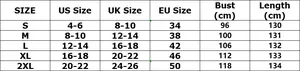 Guida alle taglie per abito elegante a maniche lunghe con misure US, UK ed EU dettagliate