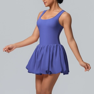 Detail of blue-purple sports dress featuring a fashion bubble hem and U-neck design