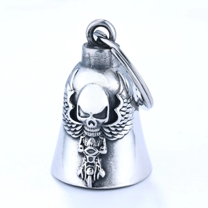 Guardian skull wing motorcycle bell pendant in polished silver stainless steel