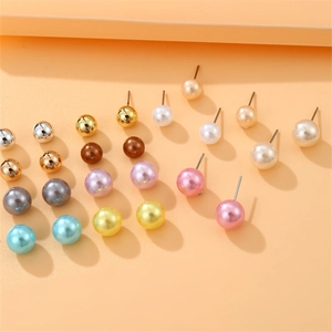 Colorful pearl stud earrings set featuring 11 pairs of round metallic and pearlescent finishes