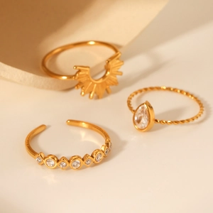 Three-piece stackable 18k gold plated stainless steel rings with zircon stones