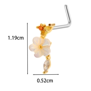 Detailed size view of titanium steel nose stud with floral zircon and shell petals