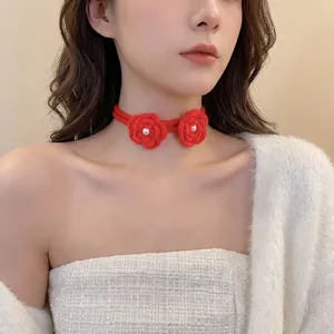 Handmade Crochet Rose Flower Choker Necklace Knitted Red Yarn With Faux Artificial Pearl Vintage French Style For Women