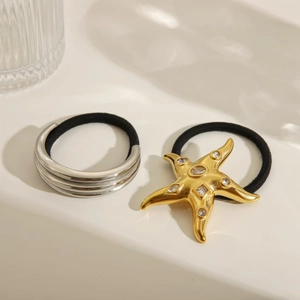 Starfish gold ring with clear zircon and silver tiered hair tie set for women
